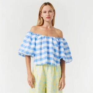 RHODE Sima Off Shoulder Linen Top Blue White Toulouse Gingham Grande Size M